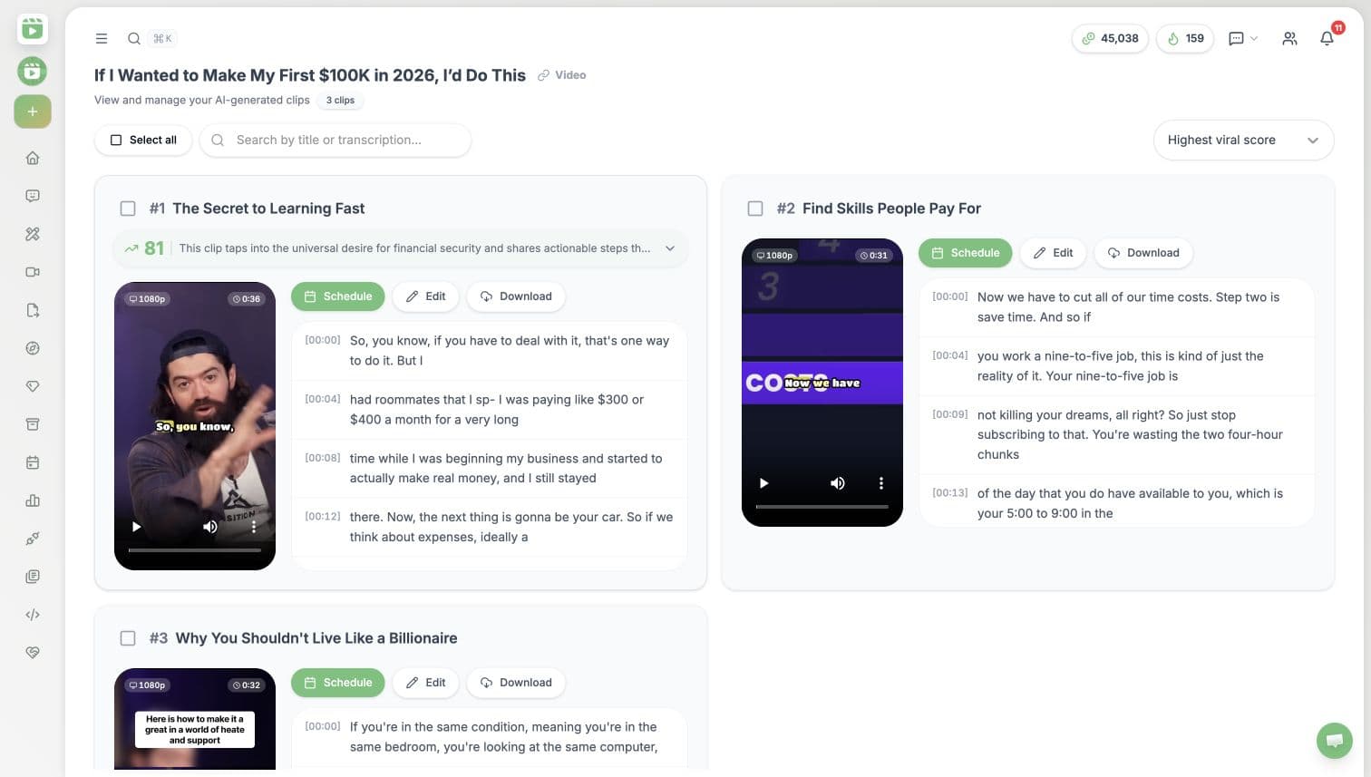 Videnly Smart Auto Clip project with generated clips and transcripts