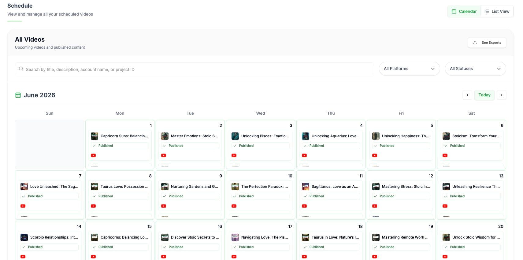 Videnly content calendar with scheduled and published videos